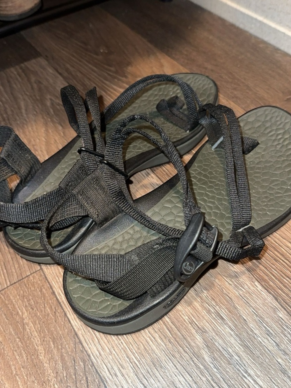 Chaco Black Strappy Sandals with Olive Footbed
